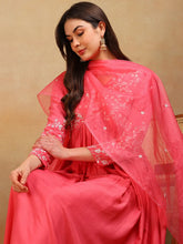 Women Pink Silk Blend Embroidered A-Line Kurta Pant Set With Dupatta